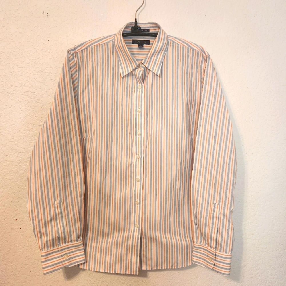 Lands' End No Iron Pinpoint Oxford Striped Shirt - Orange and White, Size 14